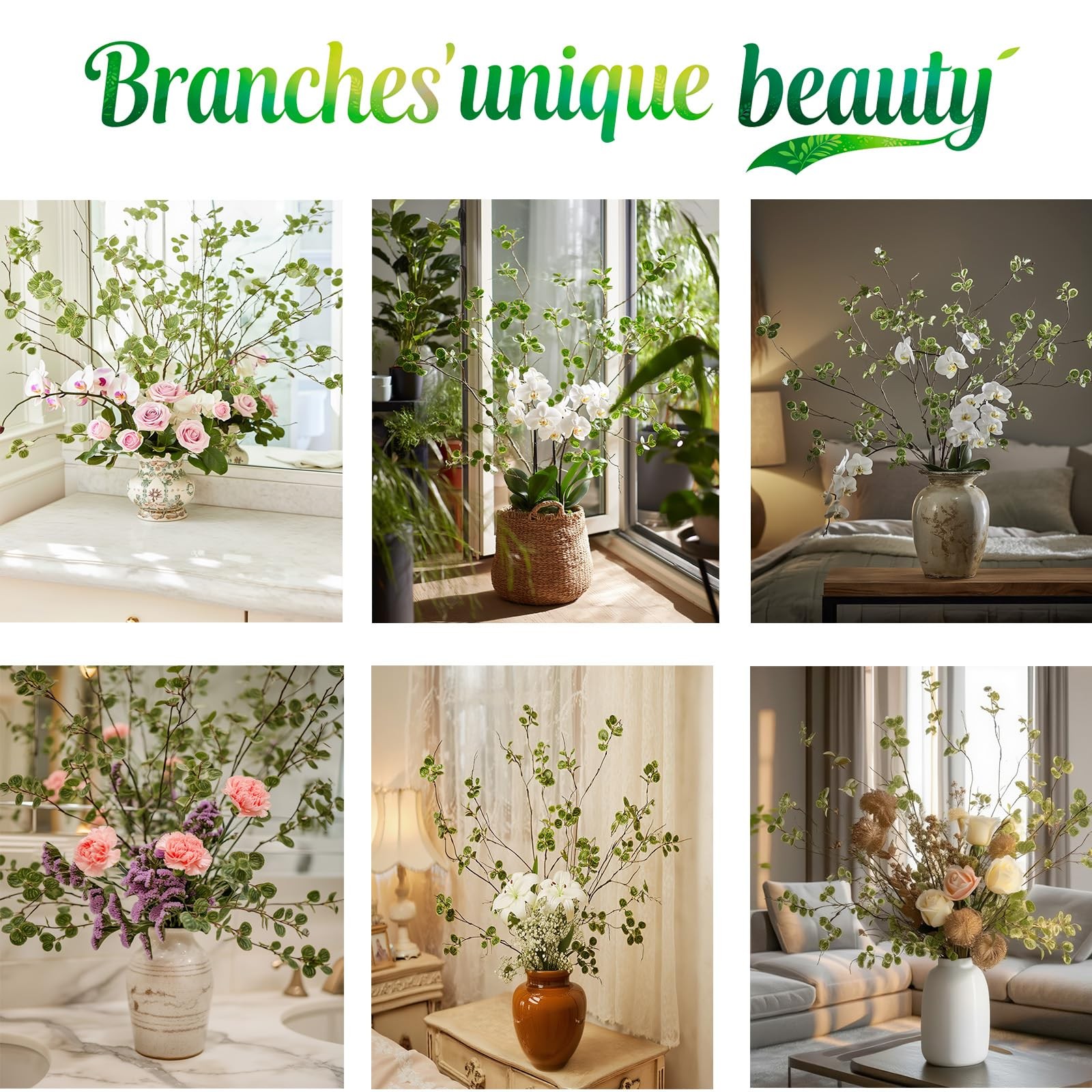 4 Pcs 38.5″ Tall All-Green Artificial Branches with Leaves, Realistic Faux Fi…