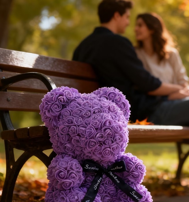 Purple Rose Teddy Bear Made of Artificial Flower Romantic Gift for Valentine day