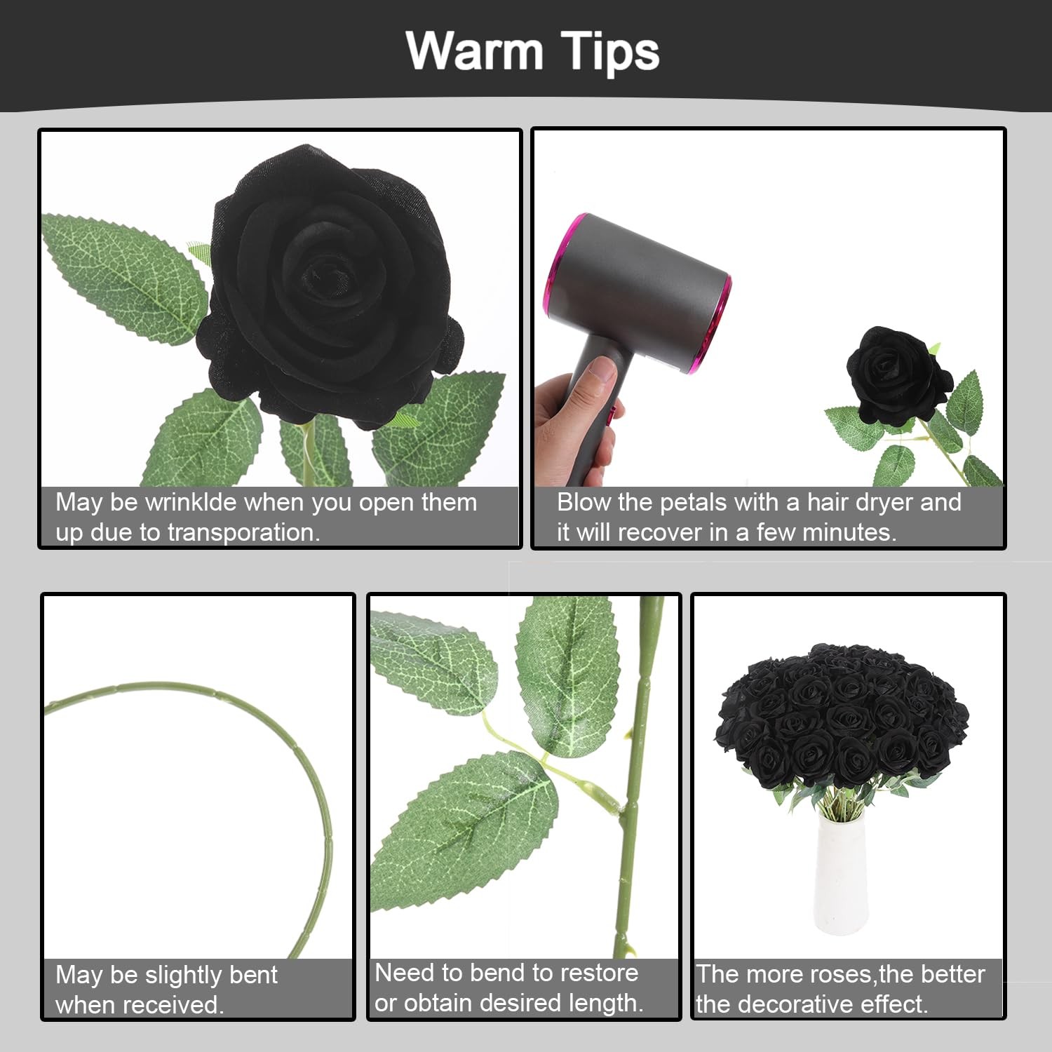 12 PCS Black Roses Artificial Flowers Faux Velvet Silk Roses Home Wedding