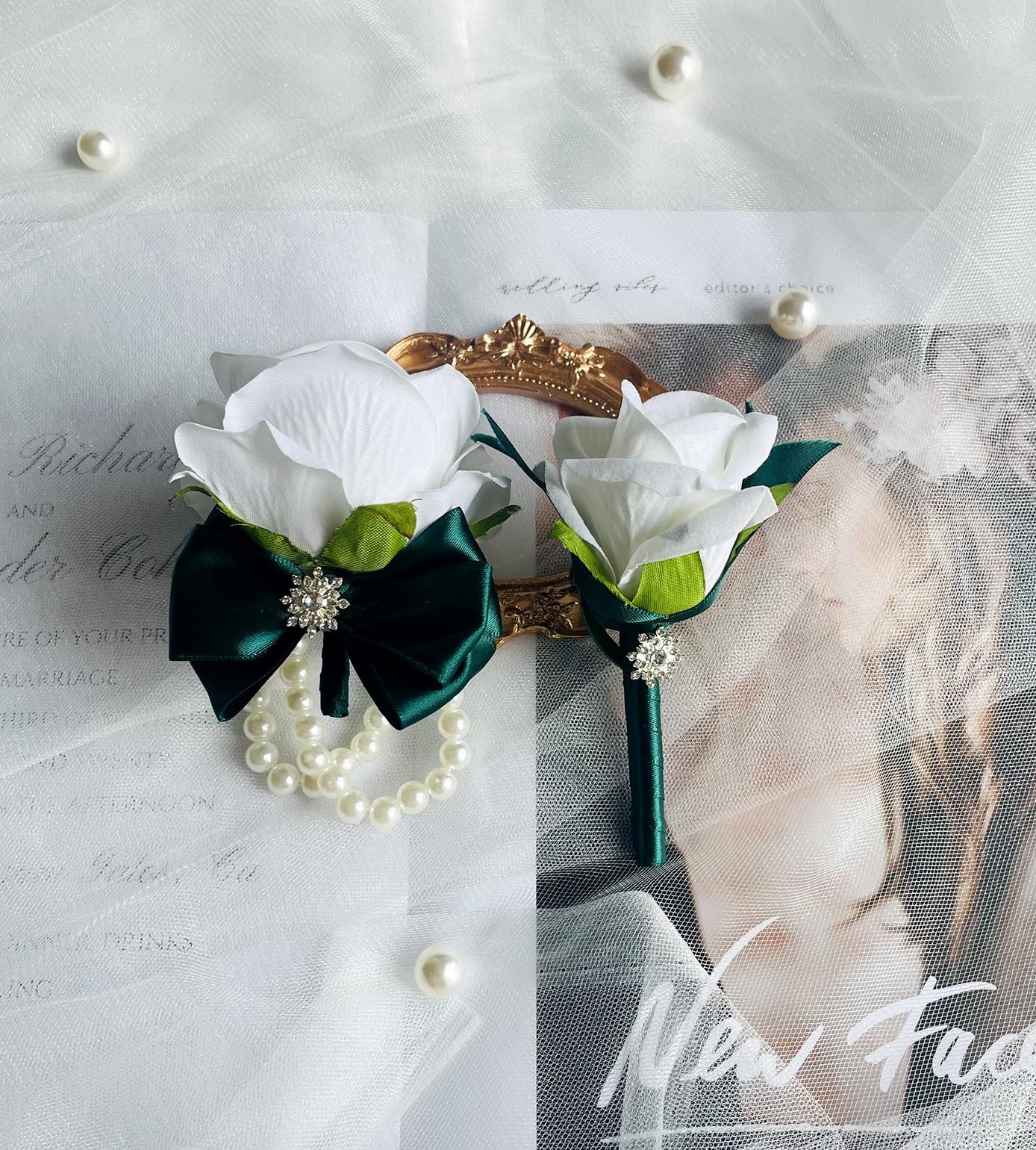 Corsage Boutonniere Wedding Prom Artificial Flower Wristlet Pearl Green White