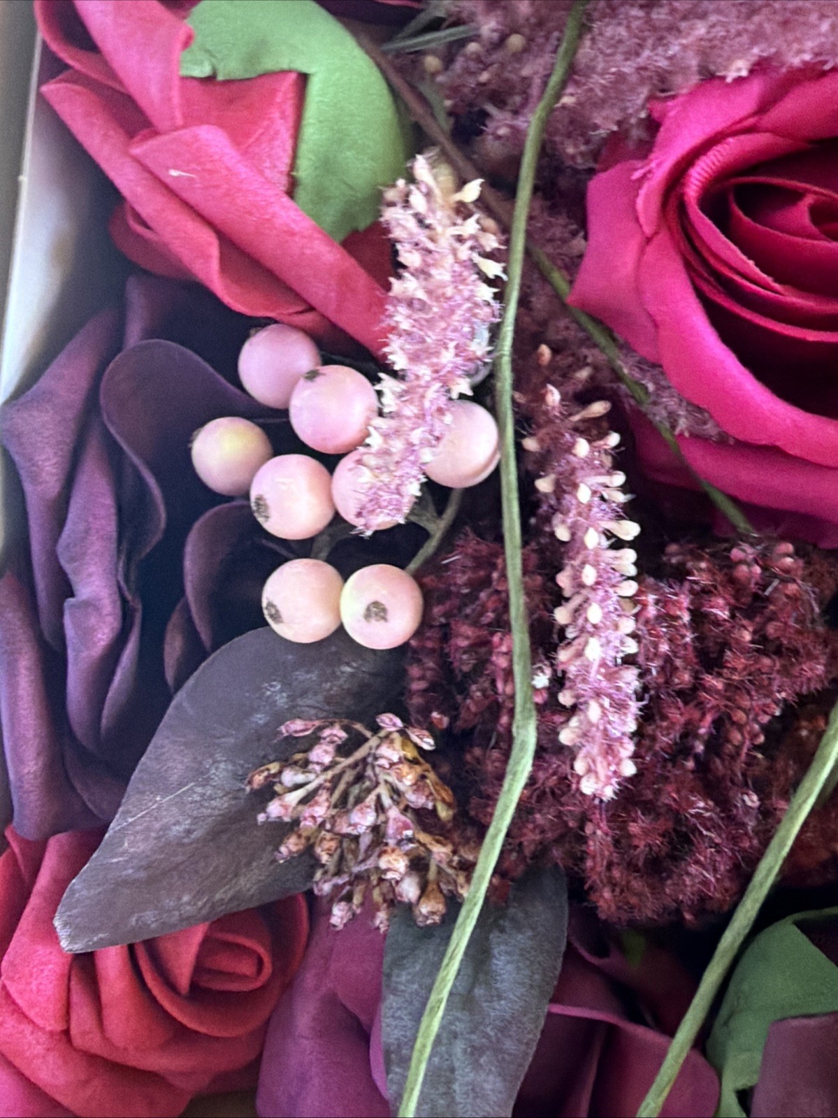 Ling’s Moment Fake Flowers Box, Faux Artificial Greenery Stems Foam Roses Berry