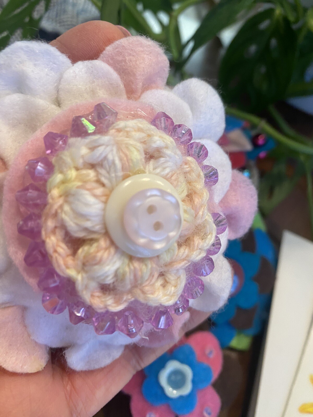 Lot of 8 PUFFY Beautiful Hand Cut Felt & Buttons FLOWERS Cottage CORE 3-5″