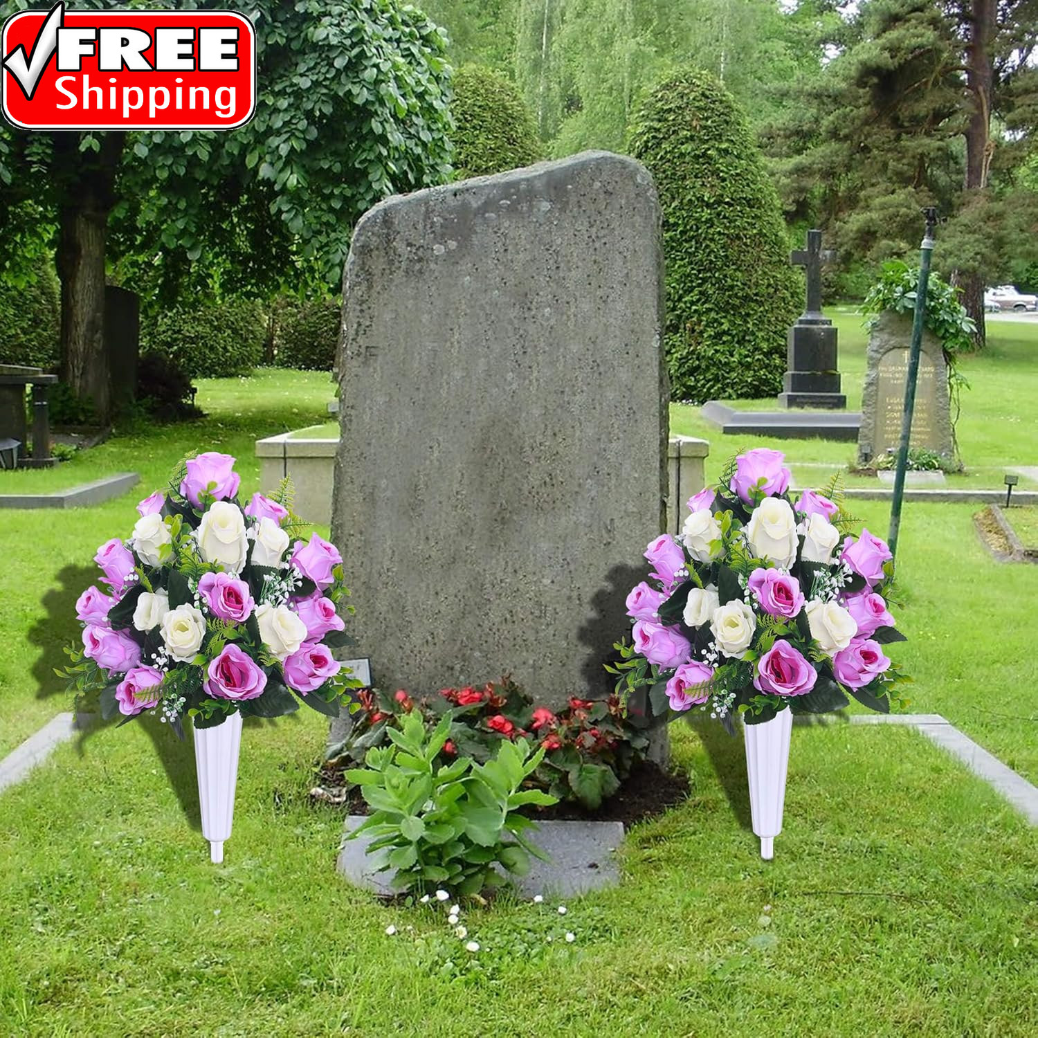 Artificial Cemetery Flowers,Set of 2 Grave Decorations Roses, Tombstone Memorial