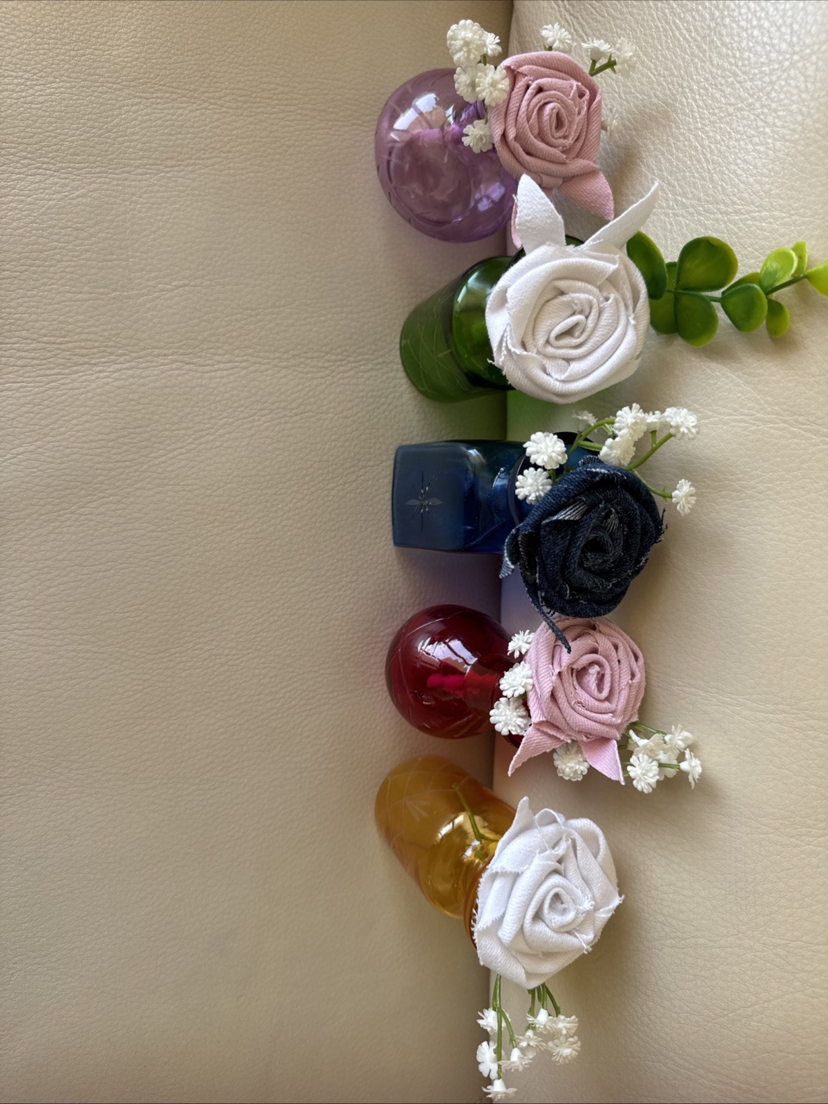 Five Small Upcycled 3 1/2” Vases With Coordinating Colors Handmade Denim Roses