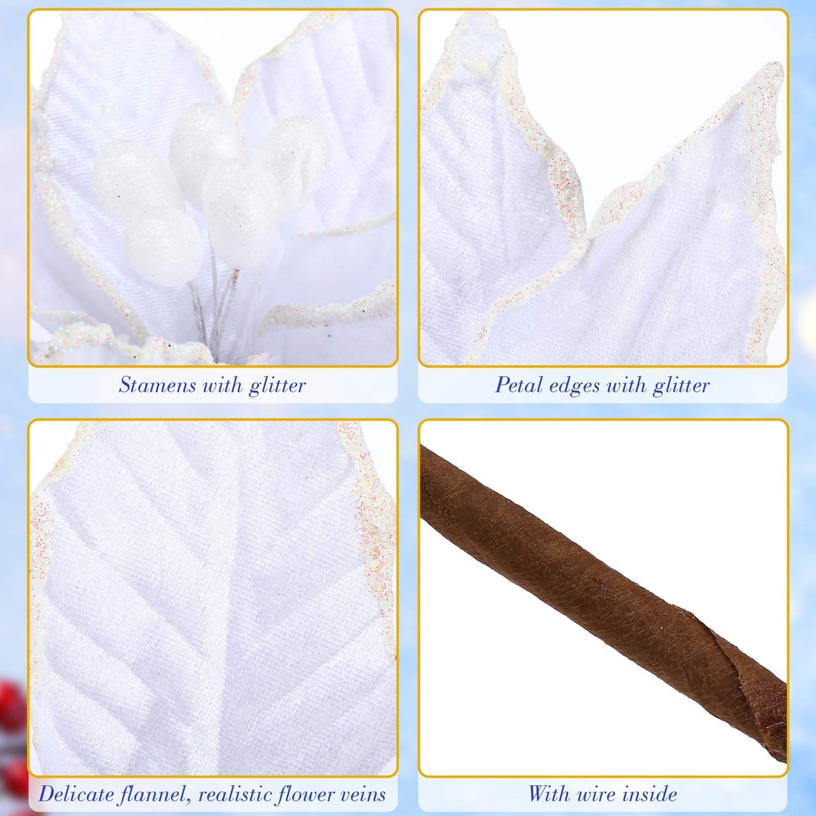 6 PCS White Christmas Poinsettia Flowers Artificial Large Picks Faux Frost Tree