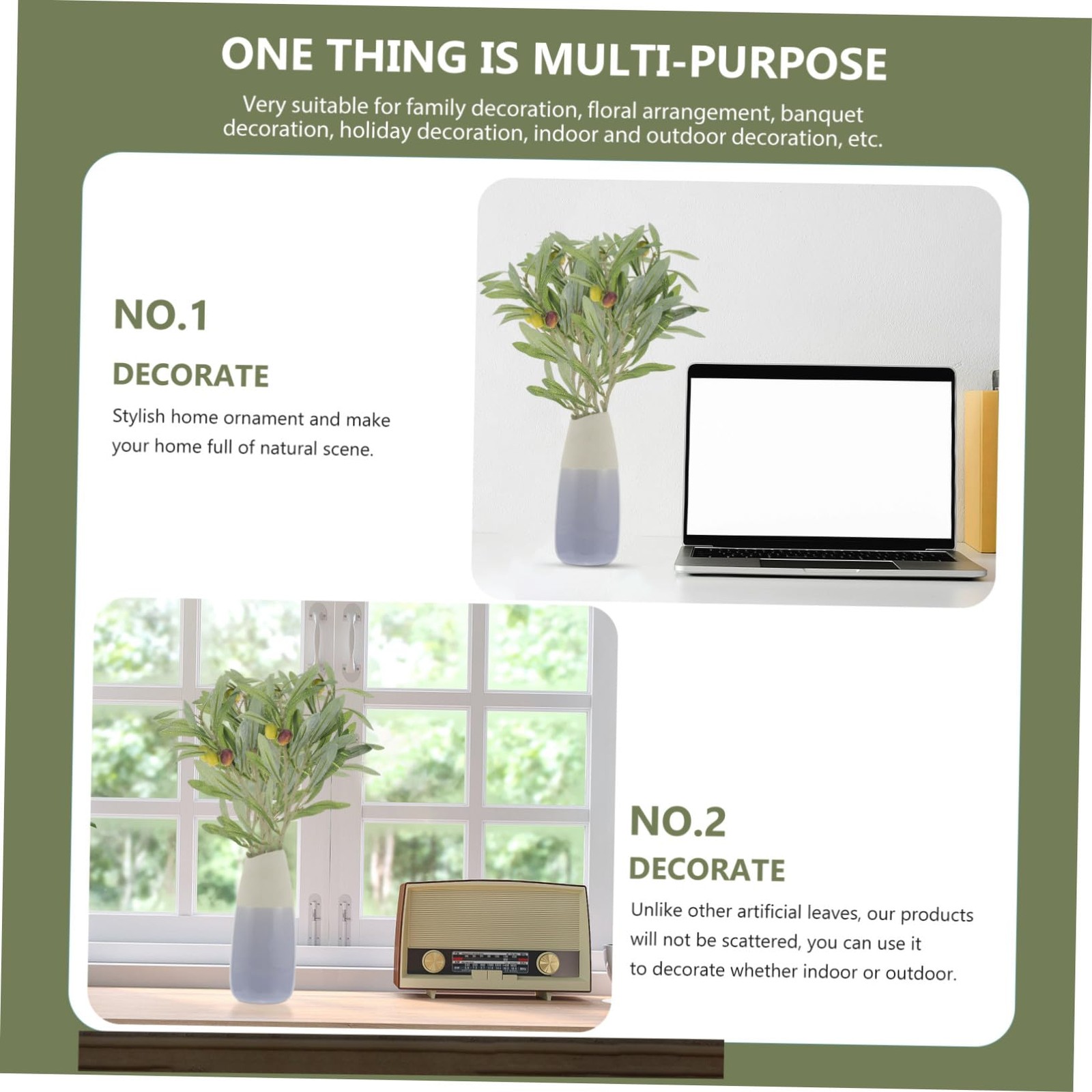 2Pcs Artificial Olive Branch Decoration 12.79In Faux Green Leaves Stems for I…