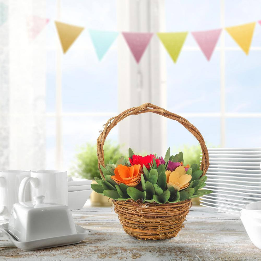 10 In. Artificial Floral Arrangements Spring Assorted Flowers Basket Color- Mult