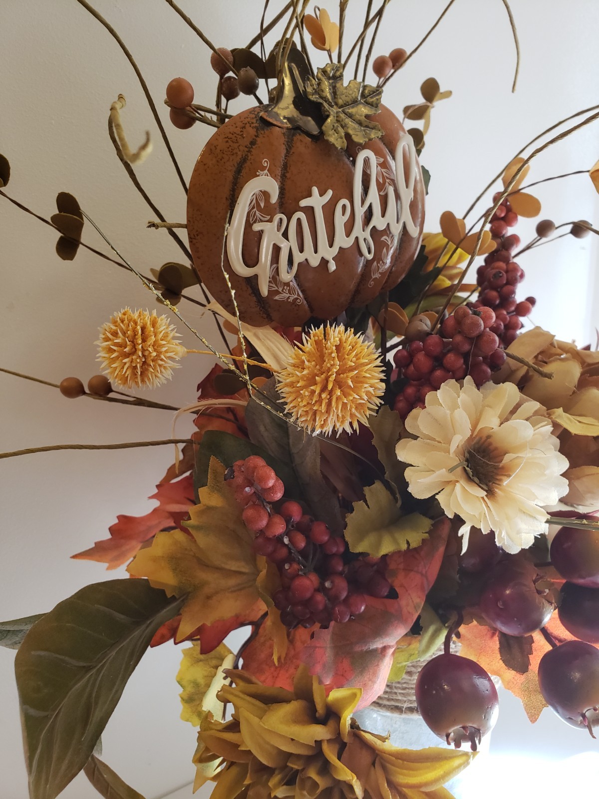 Fall Harvest Floral Arrangement w/Grateful Pumpkin Sign Thanksgiving Centerpiece
