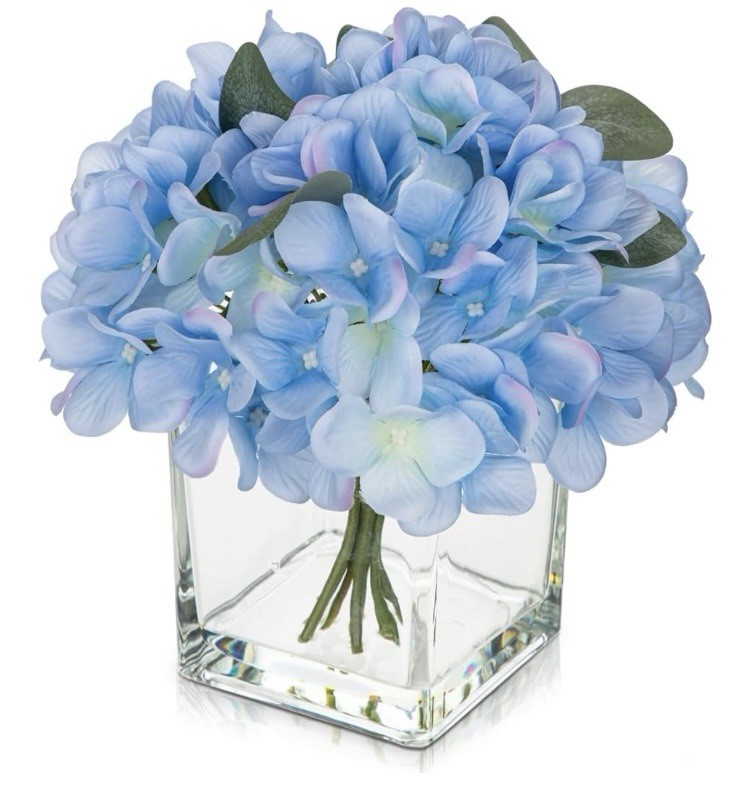 Artificial Silk Hydrangea In Vase With Faux Water In Cube Vase