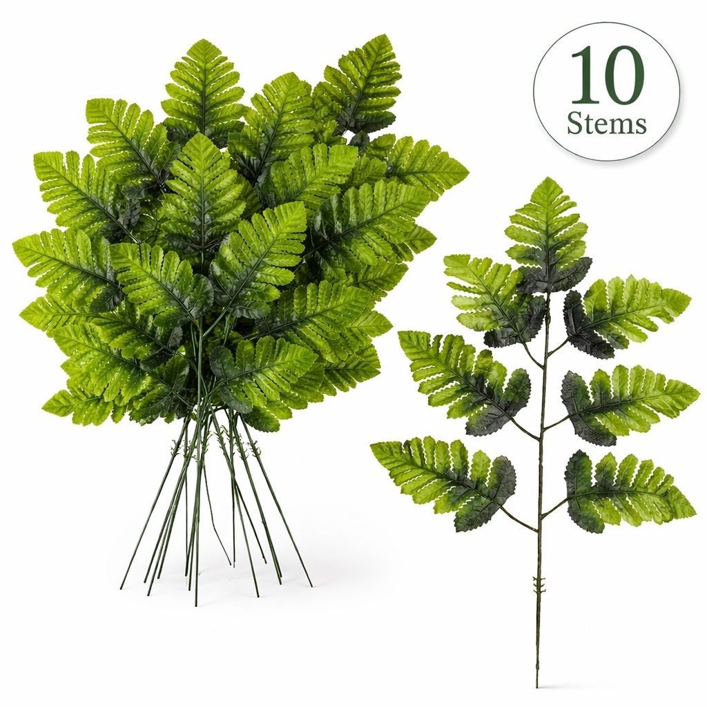 Artificial Fern Stems Greenery Bundle 10 Stems Faux Leather Fern Leaves Greenery