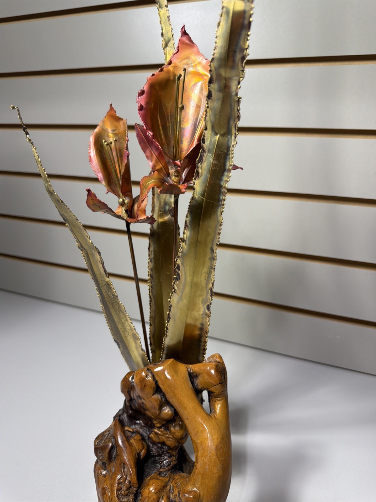 Brutalist Brass Copper Lilies On Burl Wood Stand Mid Century Vintage MCM Floral