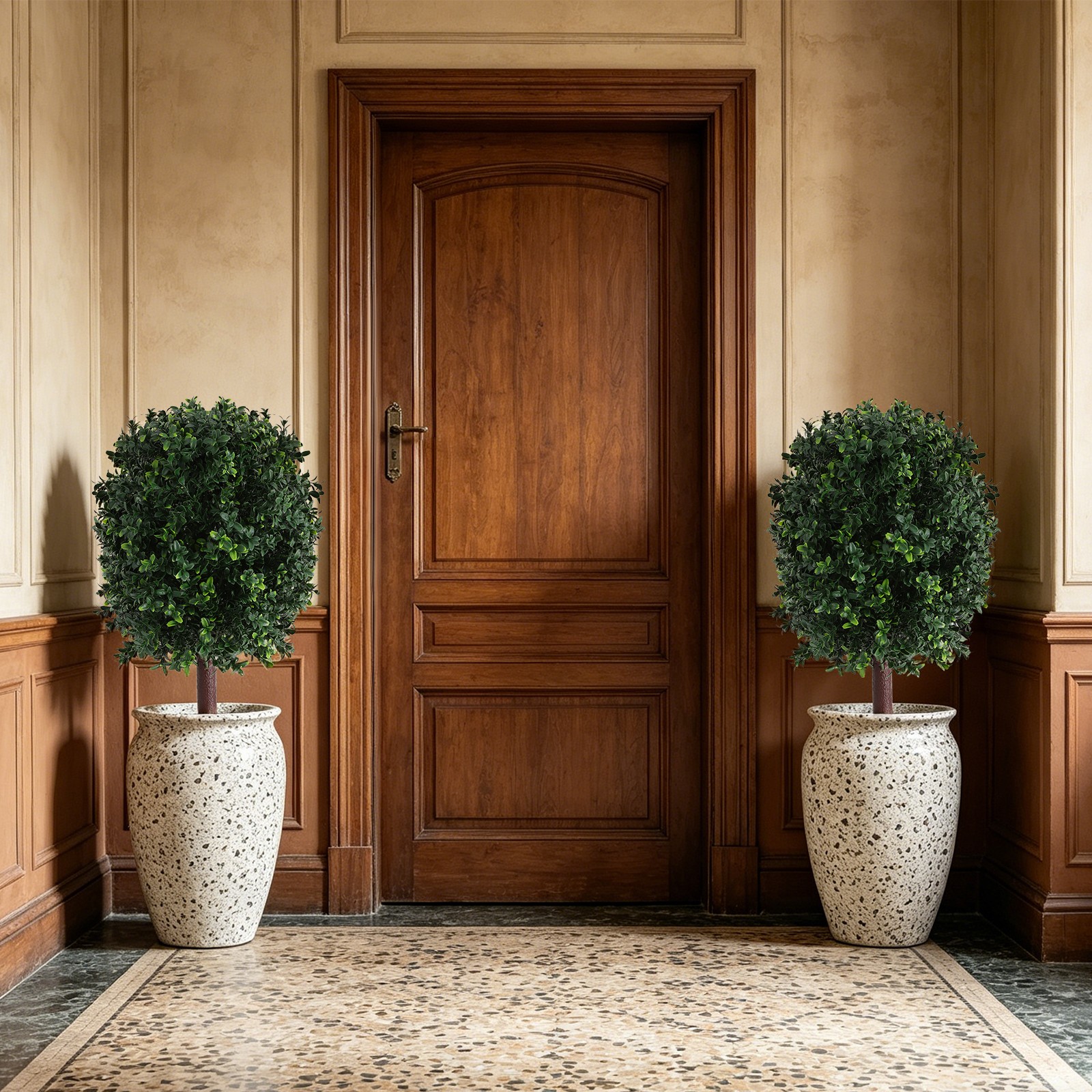 2pcs Artificial Boxwood Topiary Ball Trees 27″ UV with Three-Prong Ground Stakes