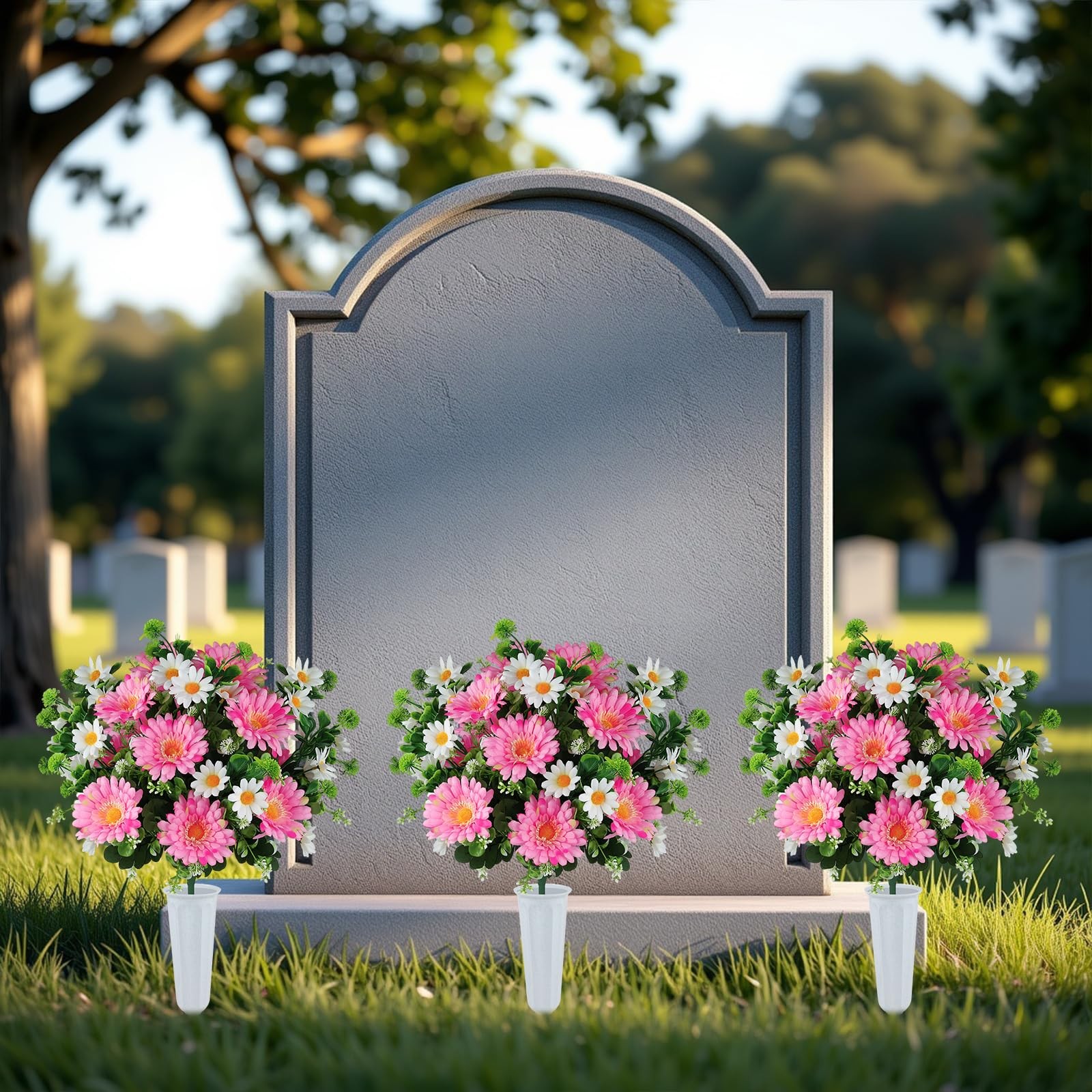 Artificial Cemetery Flowers for Grave with Vase, 24 Branches Daisy Fake Silk
