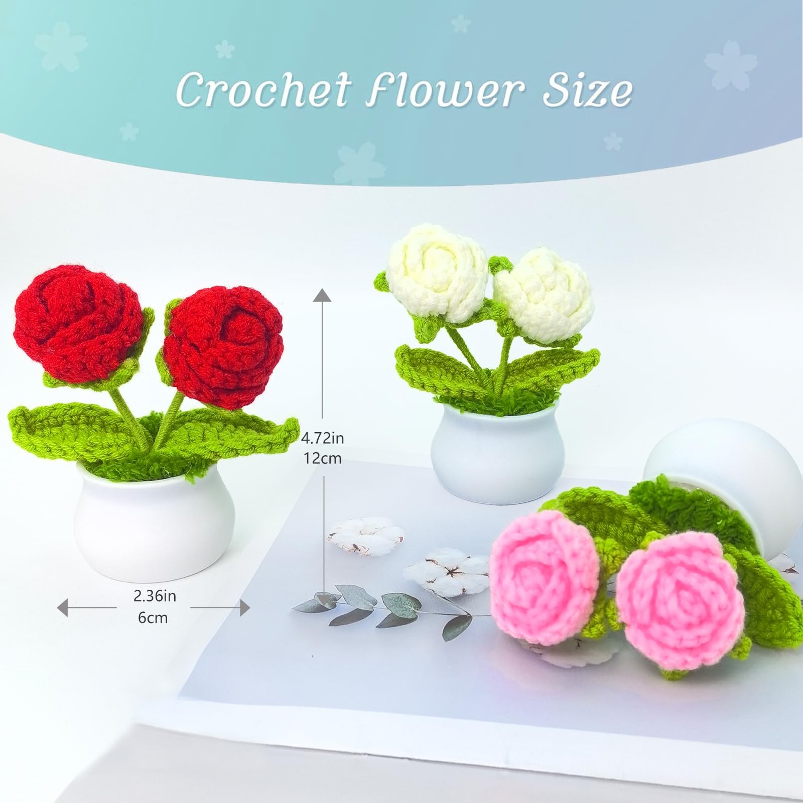 Crochet Flowers Artificial Sunflower 3 PCS Small Potted Plants 2 Heads Roses