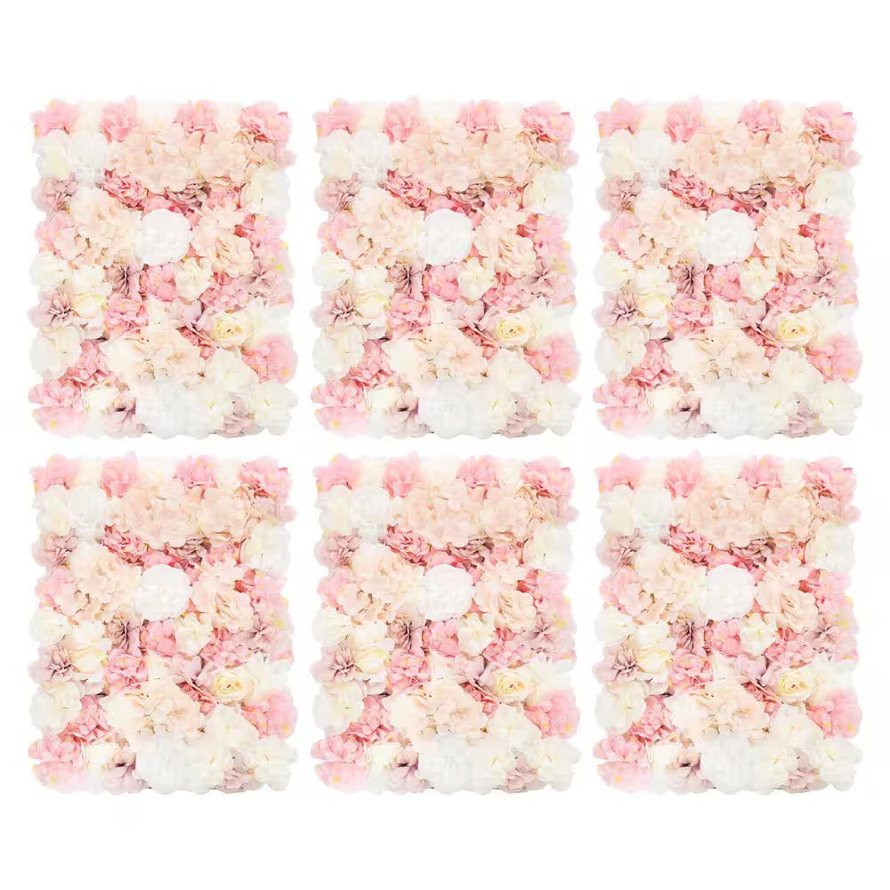 6-Piece 23.62 In. X 15.74 In. White and Pink Artificial Rose Flower Wall Panel f
