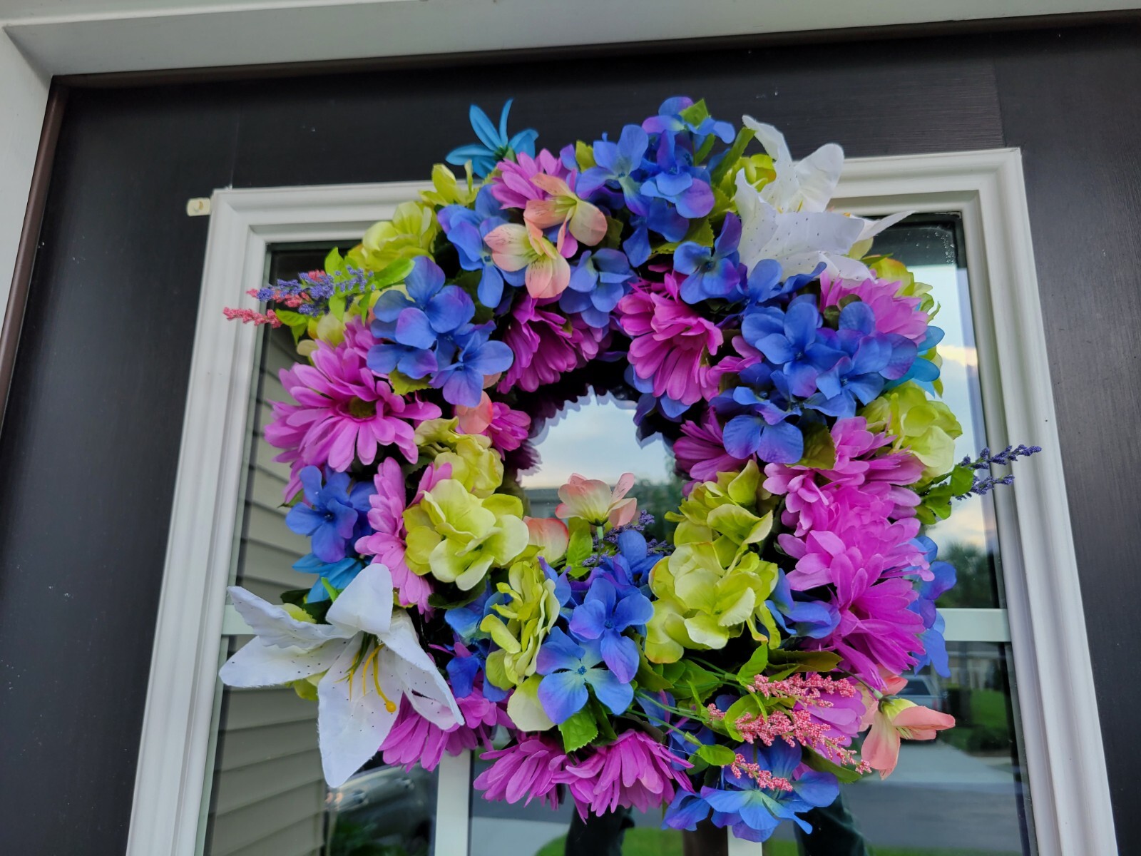 FLORAL one of a kind WREATH flowers Decor Front Door 16″ purple blue pink new