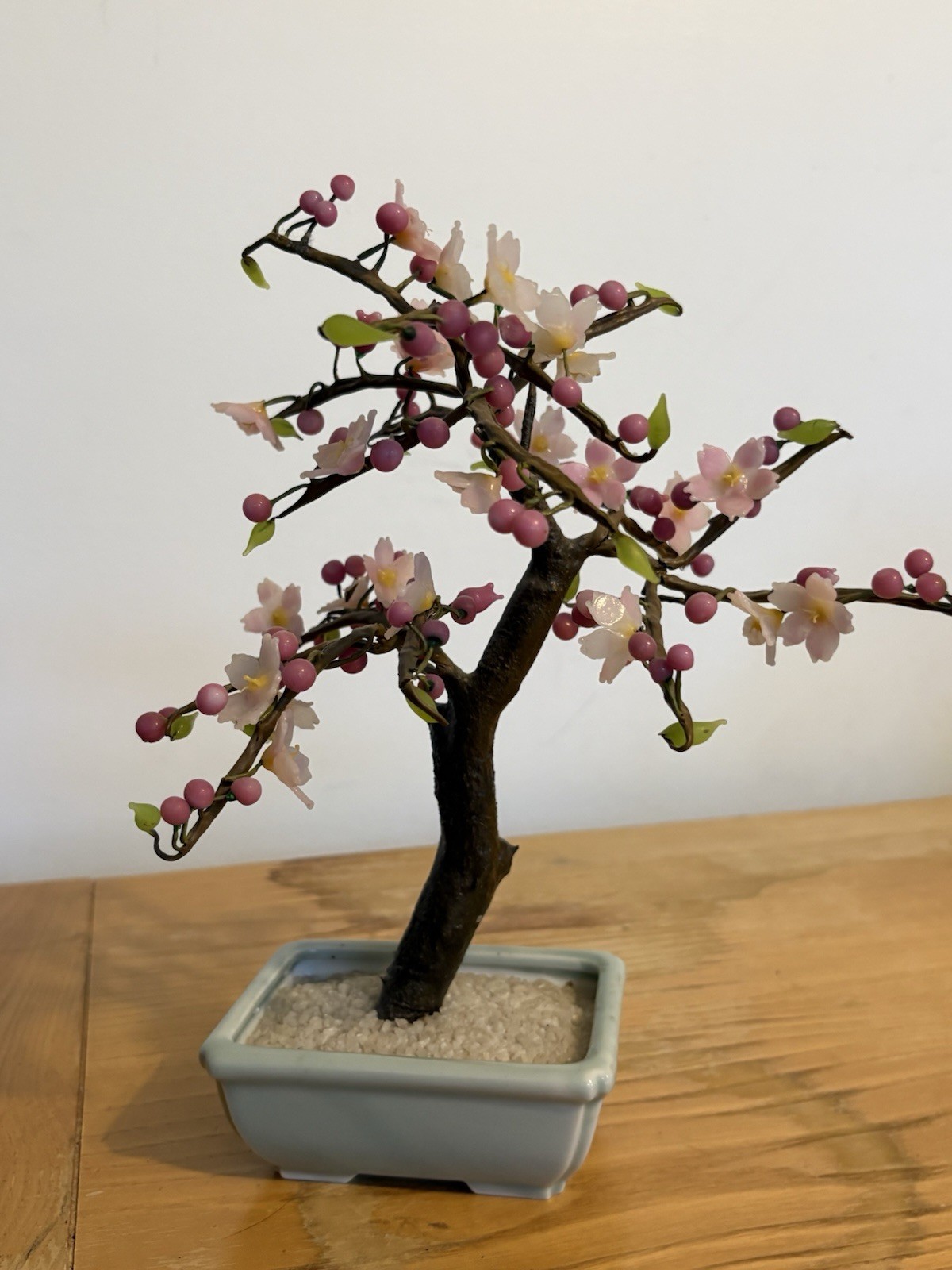 Vintage Cherry Blossom Bonsai Tree w/ Pink Blossoms & Berries Gray Planter