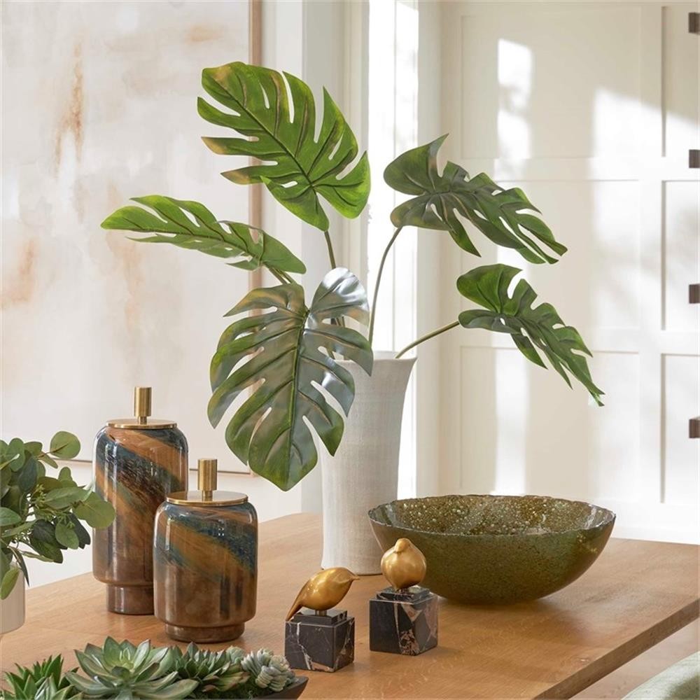 Pemberly Row Lifelike Monstera Plant Centerpiece with White Ceramic Vase