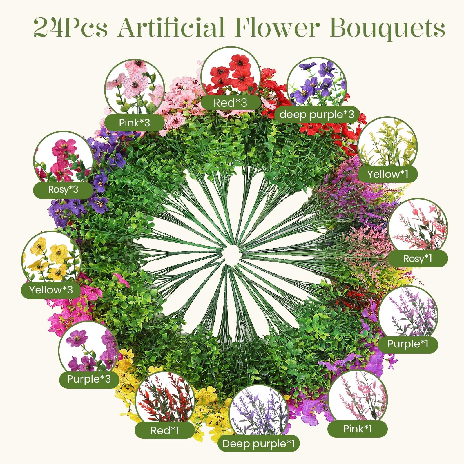 24 Bundles Artificial Flowers for Outdoors UV Resistant Decor