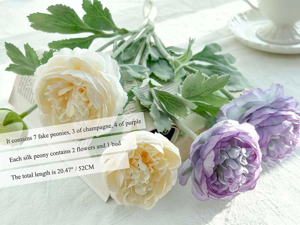 7 Pcs Peony Artificial Flowers with Stems, Faux Pink and Hotpink Peonies Stem fo
