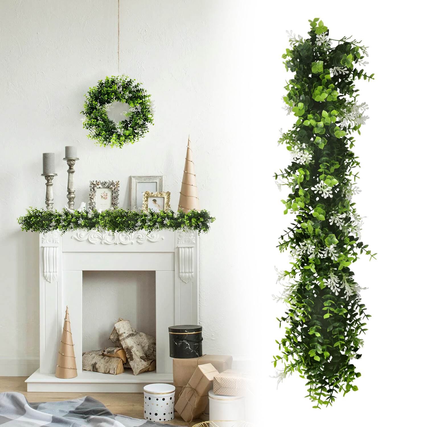 Patio Artificial Hanging Garland Faux Ivy Leaves Plants Vines, Green With White