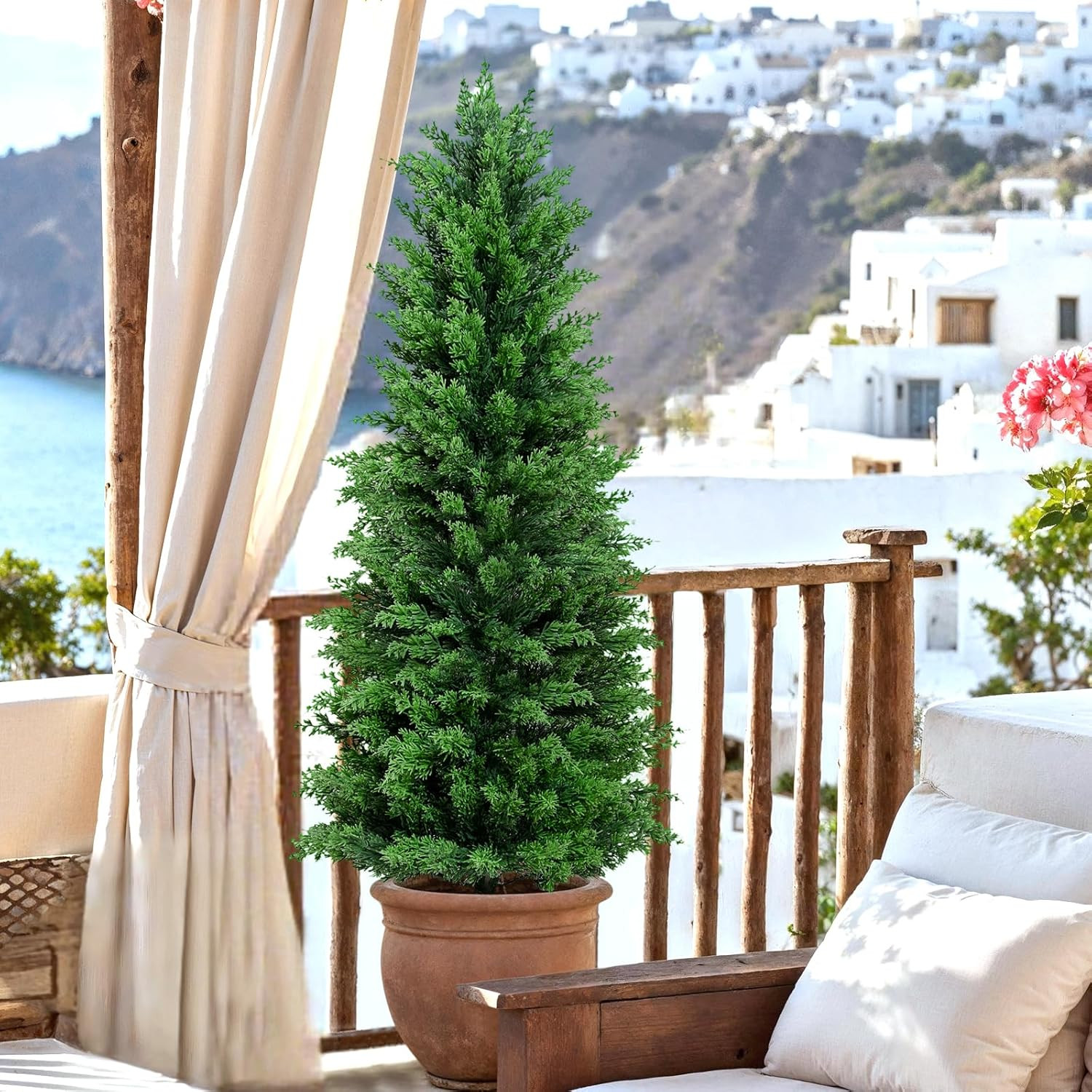 Artificial Cedar Topiary Trees Christmas Topiary Outdoor, 4Ft Fake Shrubs Potted