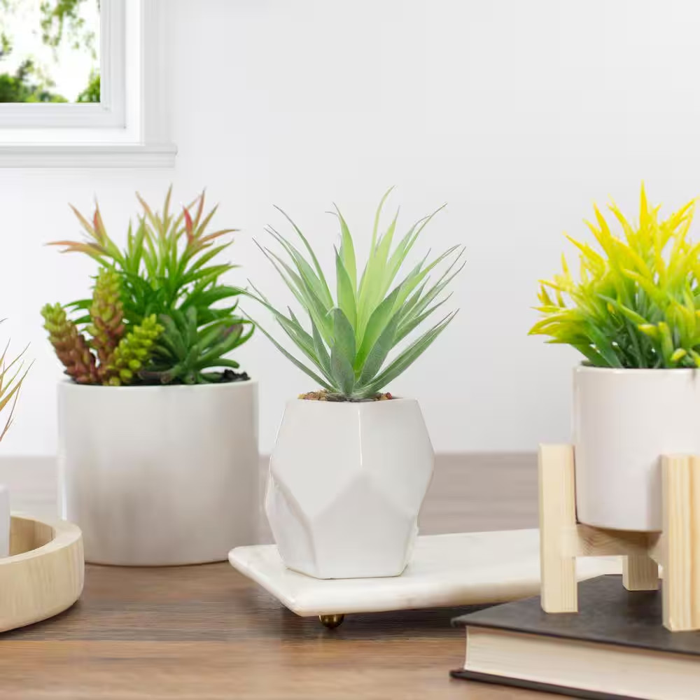 7.5 In. Green Artificial Sword Grass in a White Geometric Pot