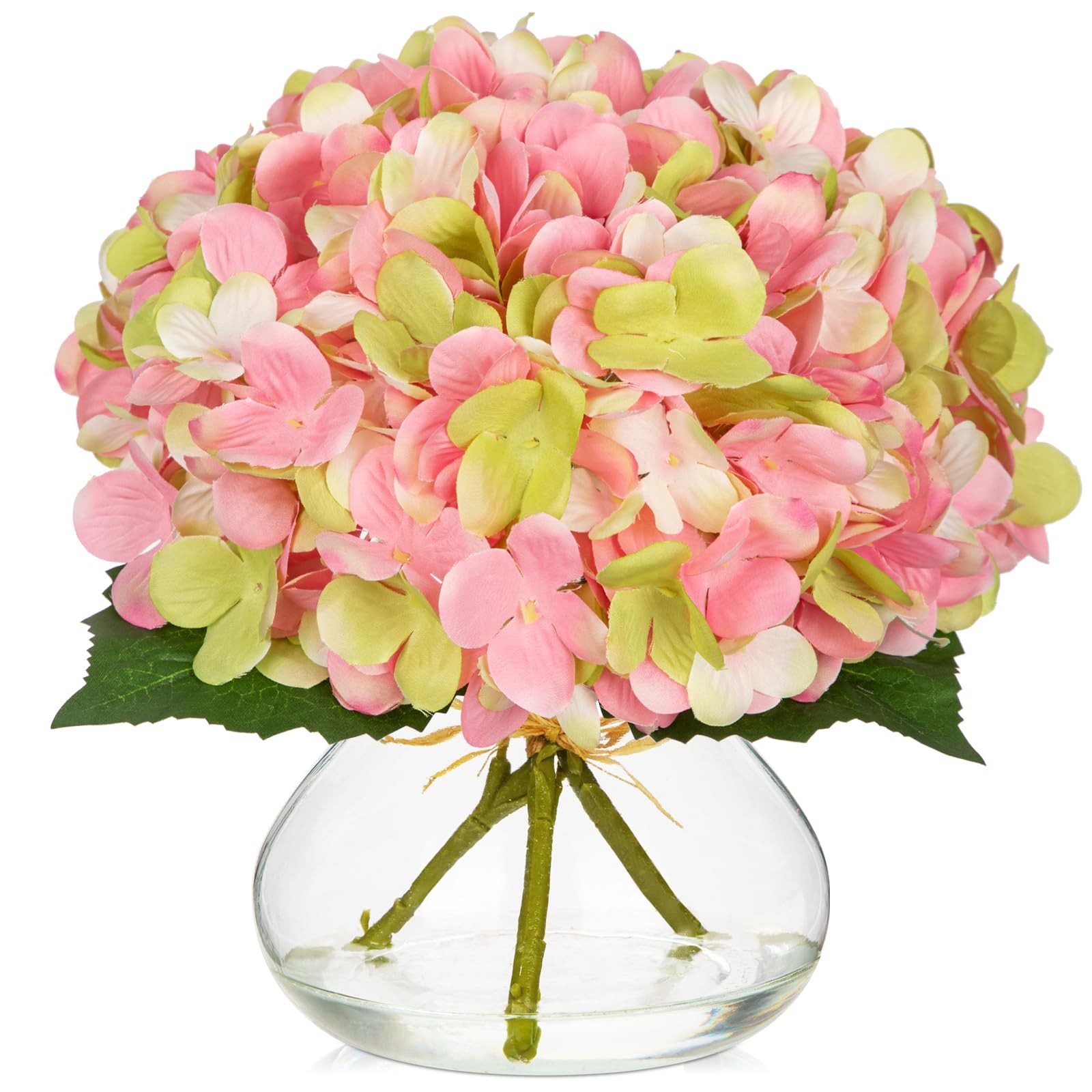 Hydrangea Artificial Flowers with Glass Vase Pink-Green Silk Faux Flowers Arr…