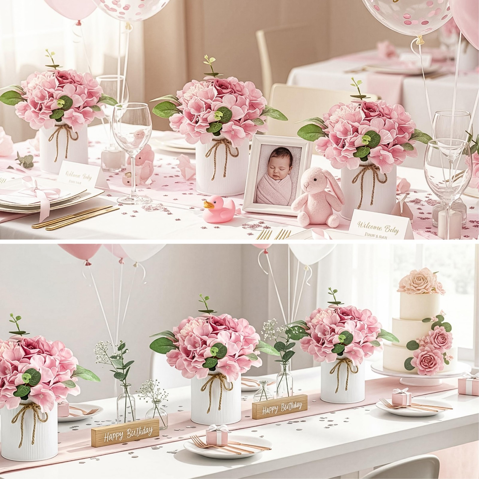 10PCS Faux Silk Hydrangea Flowers with Vase – Spring Wedding Table Centerpiece D