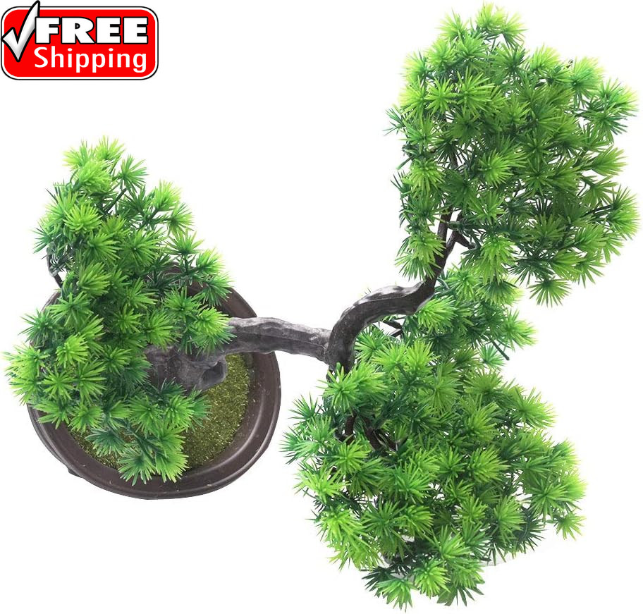 Artificial Bonsai Pine Tree, 11Inch Faux Potted Plant Desk Display Fake Tree Pot