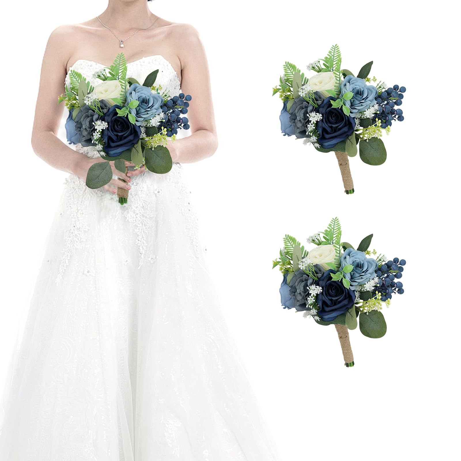 2 PCS 7 Inch Navy Blue White Artificial Bridesmaid Flowers Wedding Bouquets