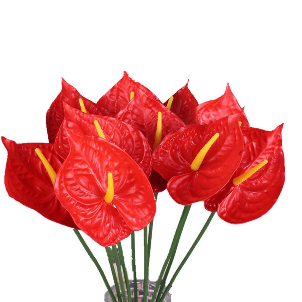 Faux Anthurium Lilies Home Decor Bouquet With Green Leaves Red Fits 27 Inch