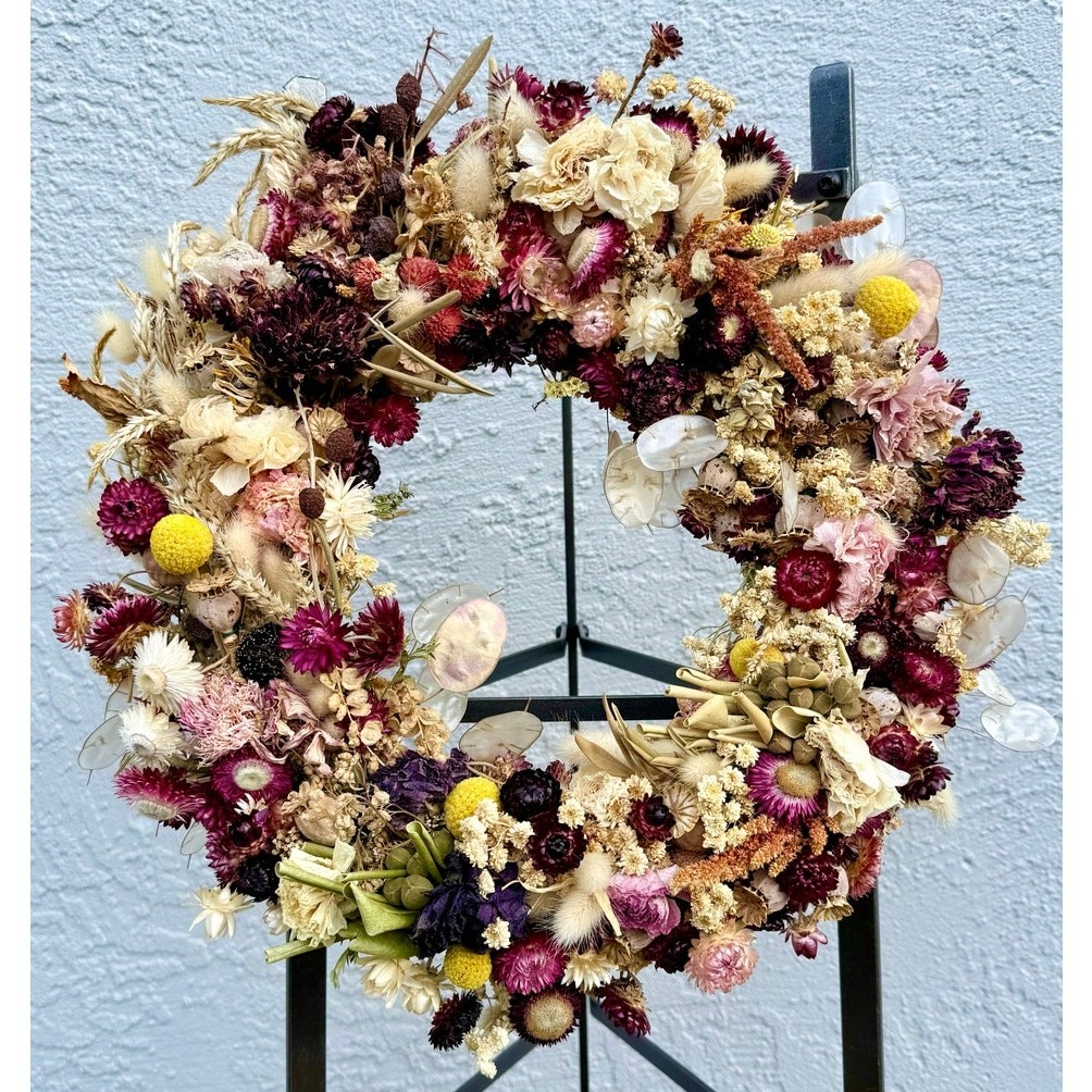 Organic Dried Floral Wreath 15″ Ranunculus, Dahlia, Seed Pods, Handmade Crafty