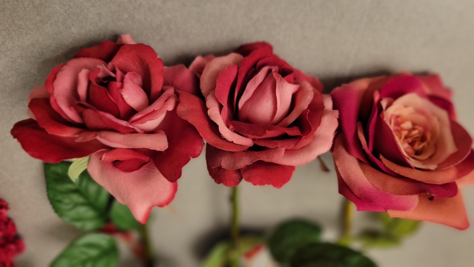 Vintage Plastic & Silk Faux Flowers Lot Of 21 Variety Roses 27″ Shades Fushsia