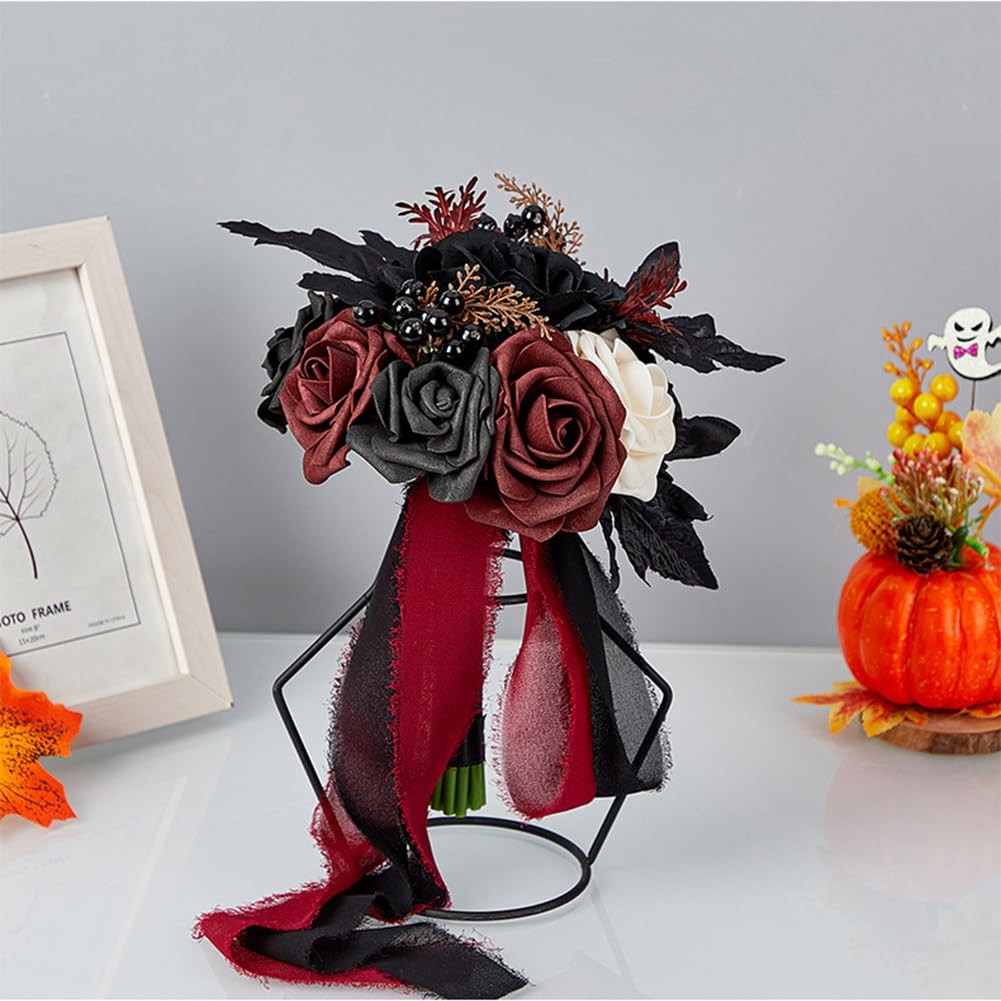 Wedding Bouquets For Bride Bridesmaid Black Burgundy Gothic Artificial Rose