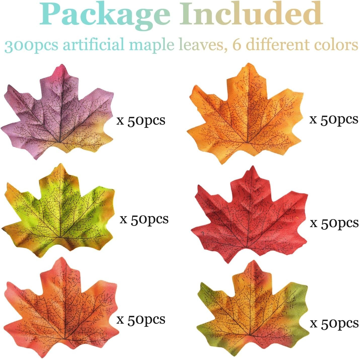 300Pcs Maple Leaves, Autumn Artificial 6 Colors Mixed Fall Leaf for Fall Decor W