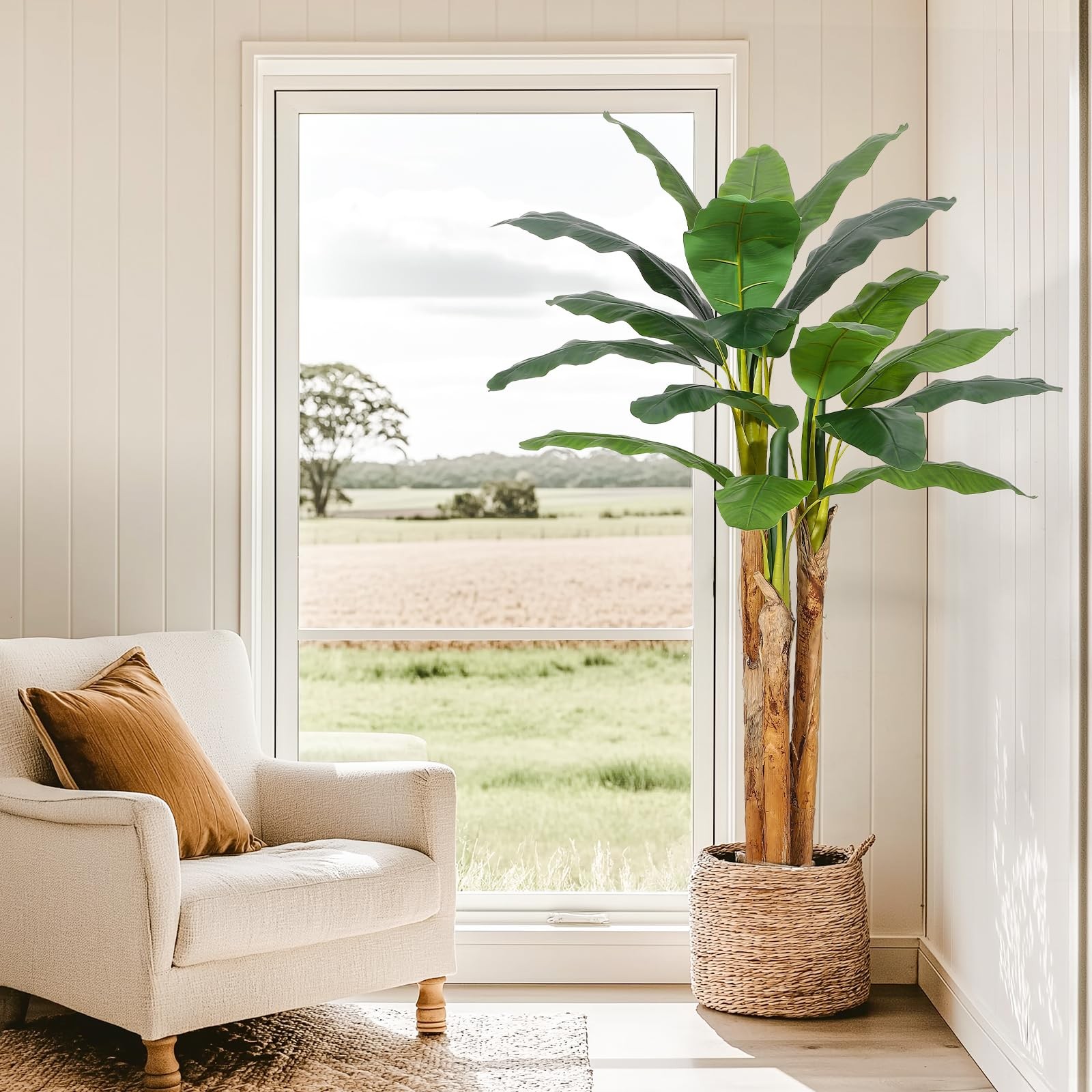 5FT Artificial Banana Tree with Grey Planter – 11 Faux Leaves for Home Office