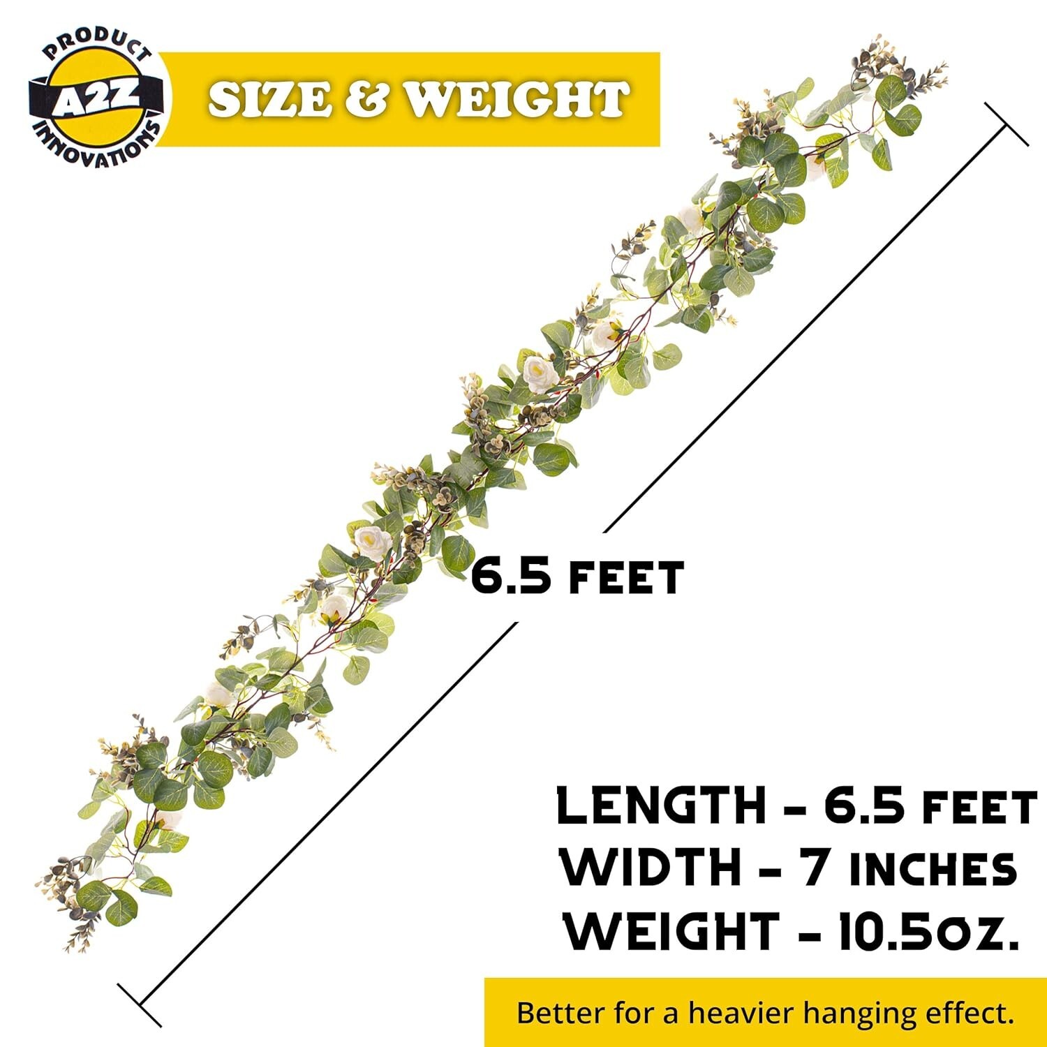 Faux Eucalyptus Garland (6.5ft) – Natural-Looking Green Leaves and White Rose Fl