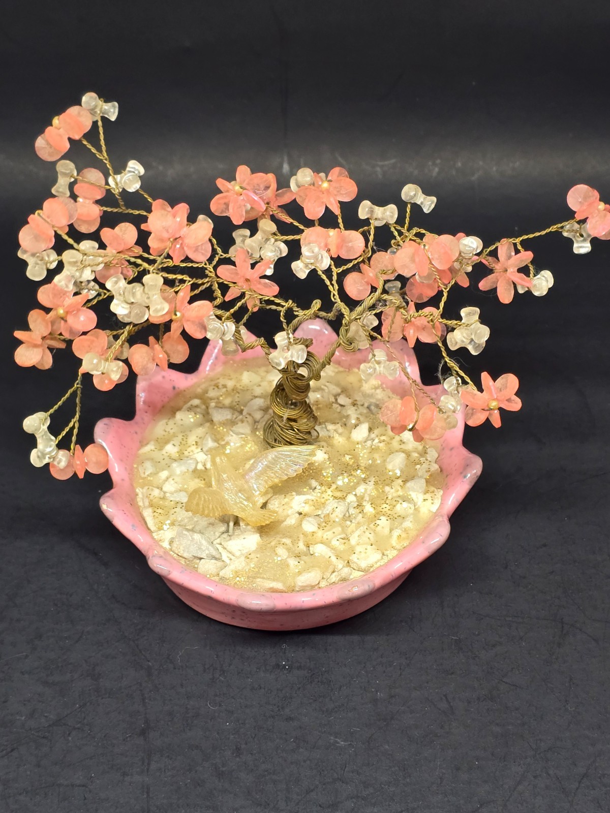 Copper Wire Bonsai Tree, Pink & White Beads, White Rocks Pink Bowl Home Decor