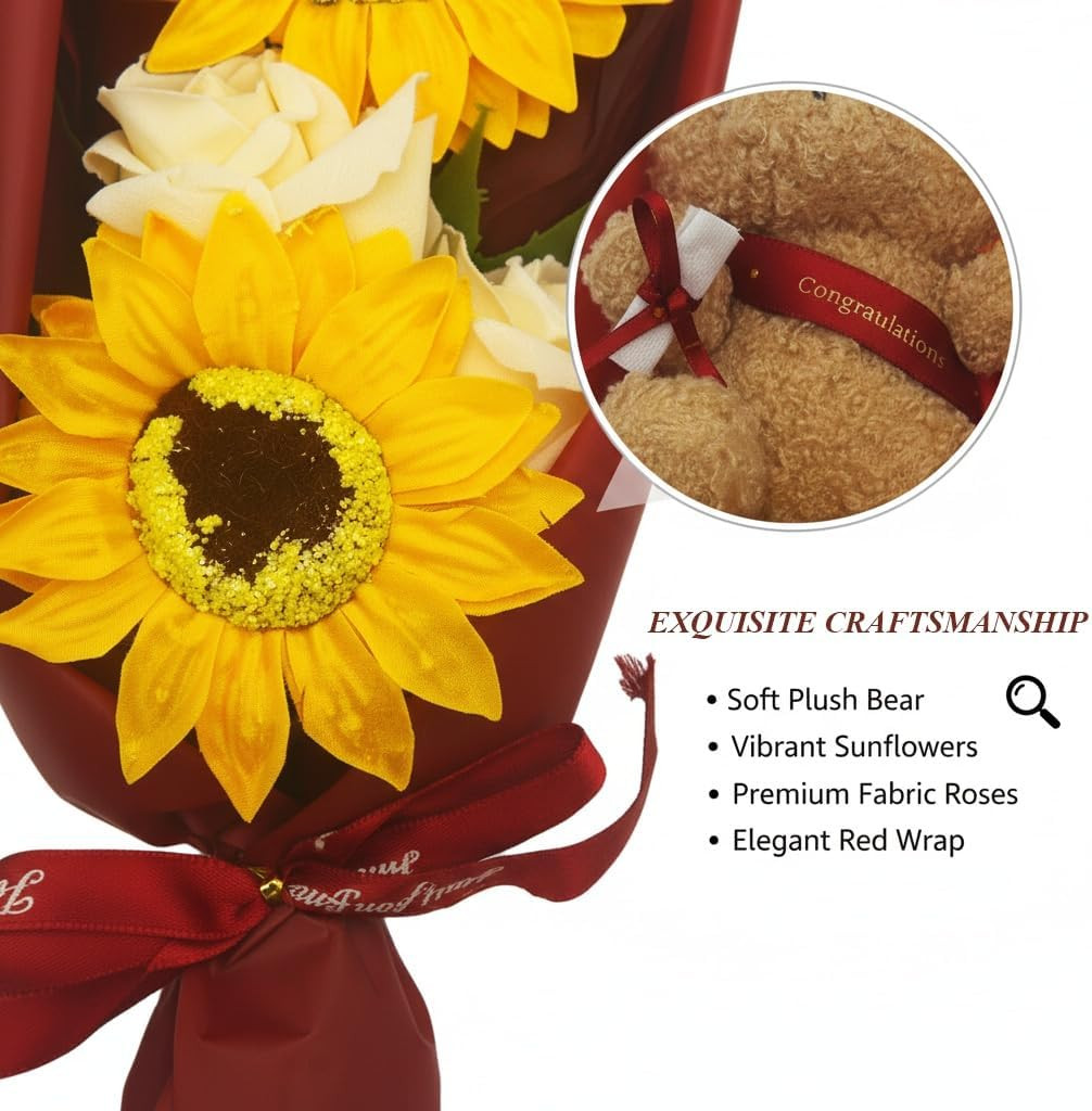 2026 13″ Graduation Bear Bouquet Rose Sunflower Scented Soap Flower Bouquet Mini