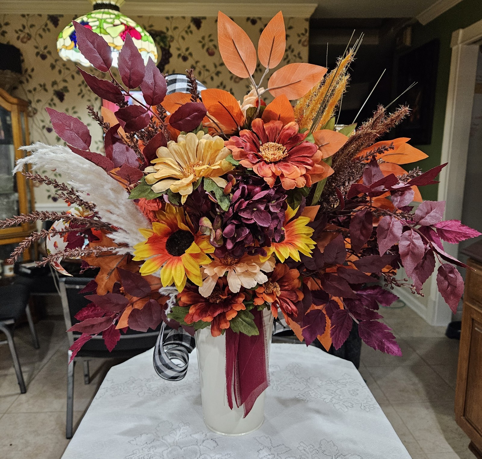 Chic Fall Florals with Ribbons, Bucket Vase, Orange, Cream, Dark Red
