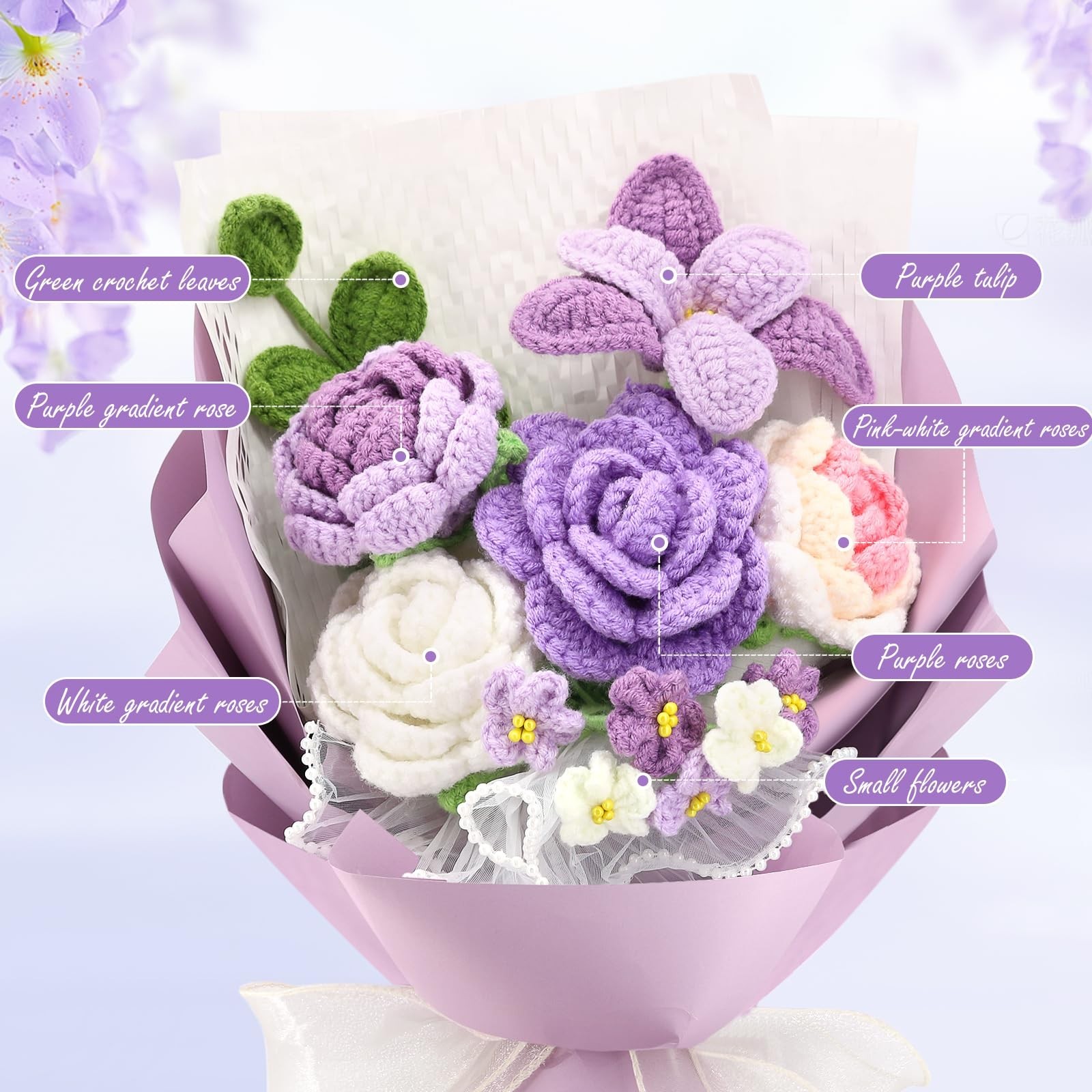 Handmade Crochet Flower Bouquet – Cotton Thread Roses, Tulips & Ferns – Gift Ide