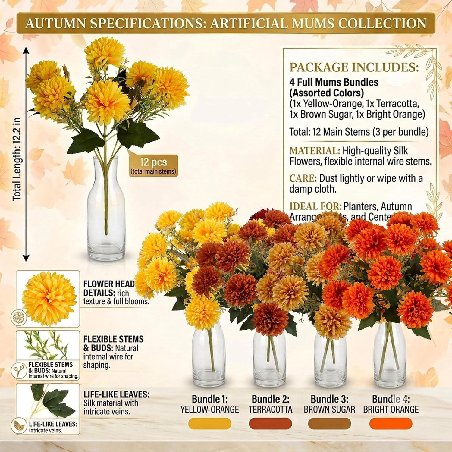 12Pcs UV Resistant Fall Marigold & Dahlia Mums – Burnt Orange Home Decor