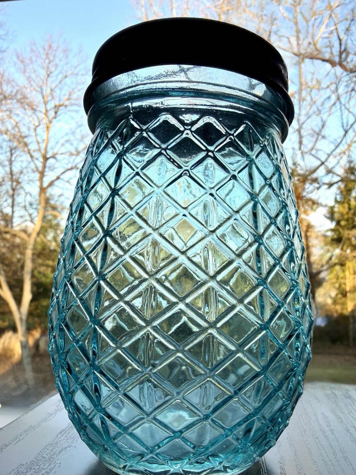 Vintage Style Blue Glass Flower Jar with Galvanized Floral Grid Lid, 5.4″