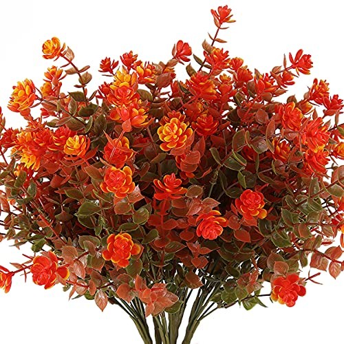 8 Bundles Artificial Fall Flowers No Fade Faux Autumn Plants, Green Orange