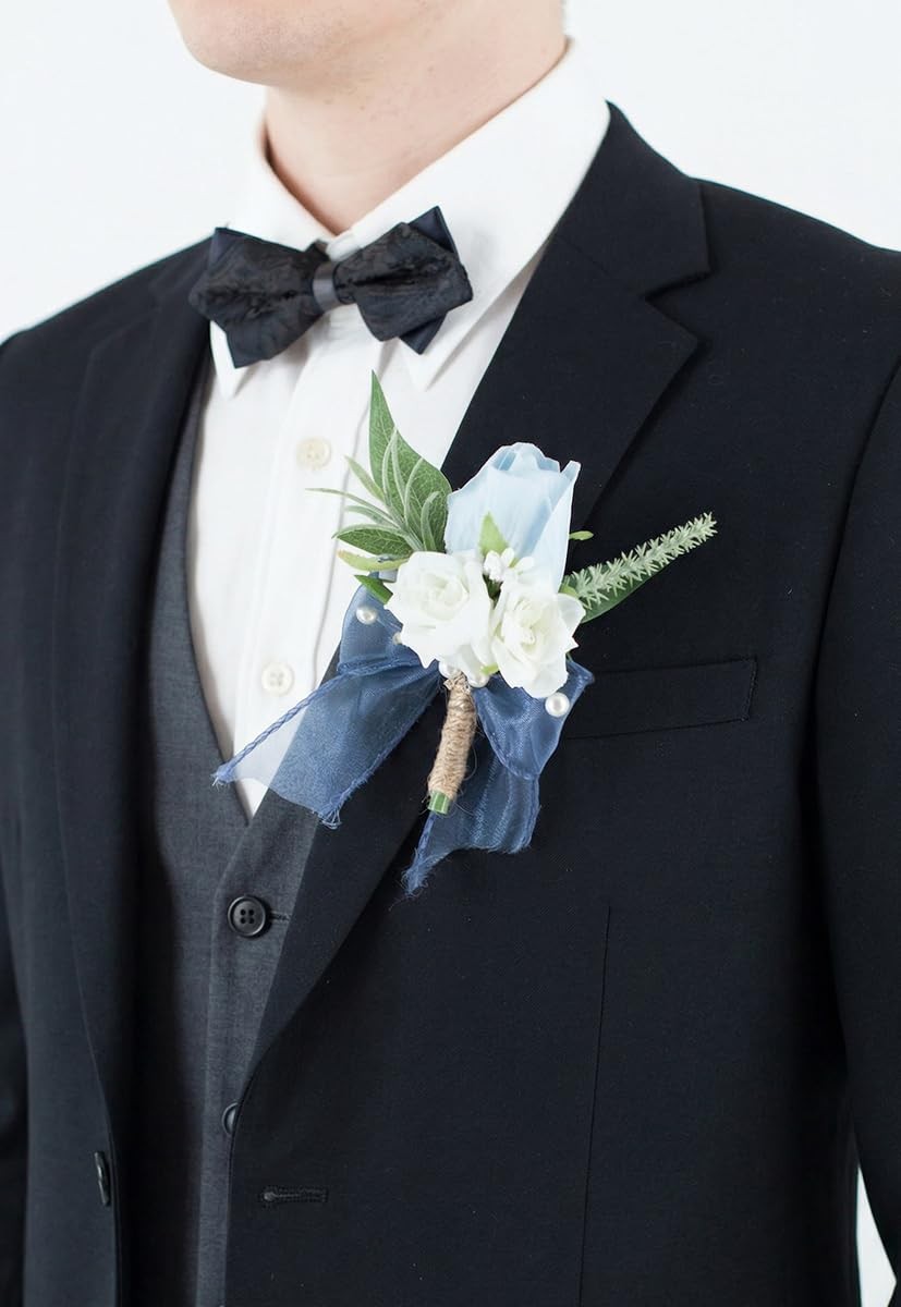 Light Blue Corsage Boutonniere Set Wedding Prom Artificial Rose Men Suit