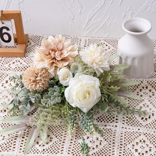 Artificial Floral Arrangements in Vase – 15.7” Silk Roses & Faux Dahlia Centerp