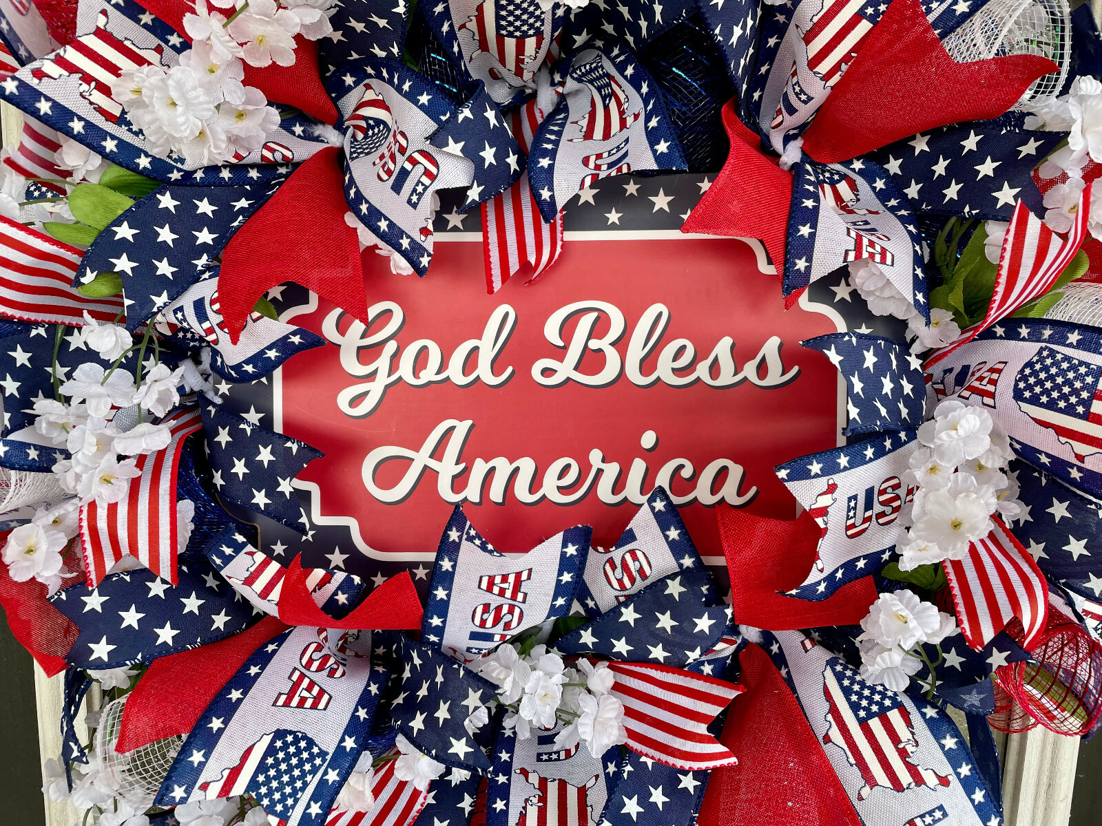 Patriotic USA God Bless America Floral 4th of July Deco Mesh Front Door Wreath