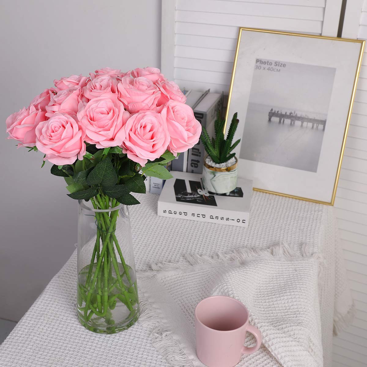 10 PCS Pink Artificial Silk Rose Flower Bouquet Lifelike Fake Wedding Decor