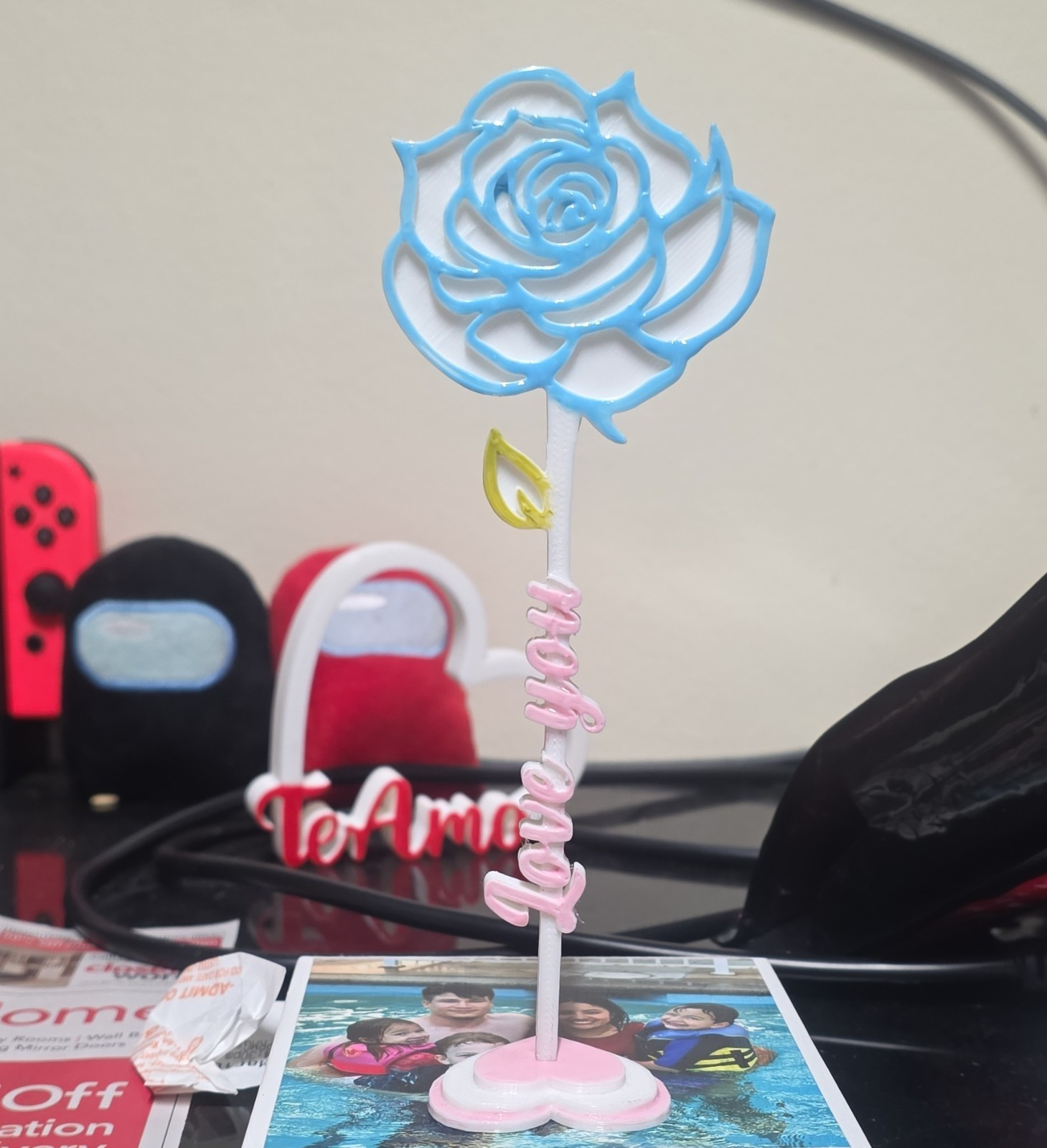 Artificial Rose Table Decor Arrangement with Heart Base, Blue White Pink Yellow